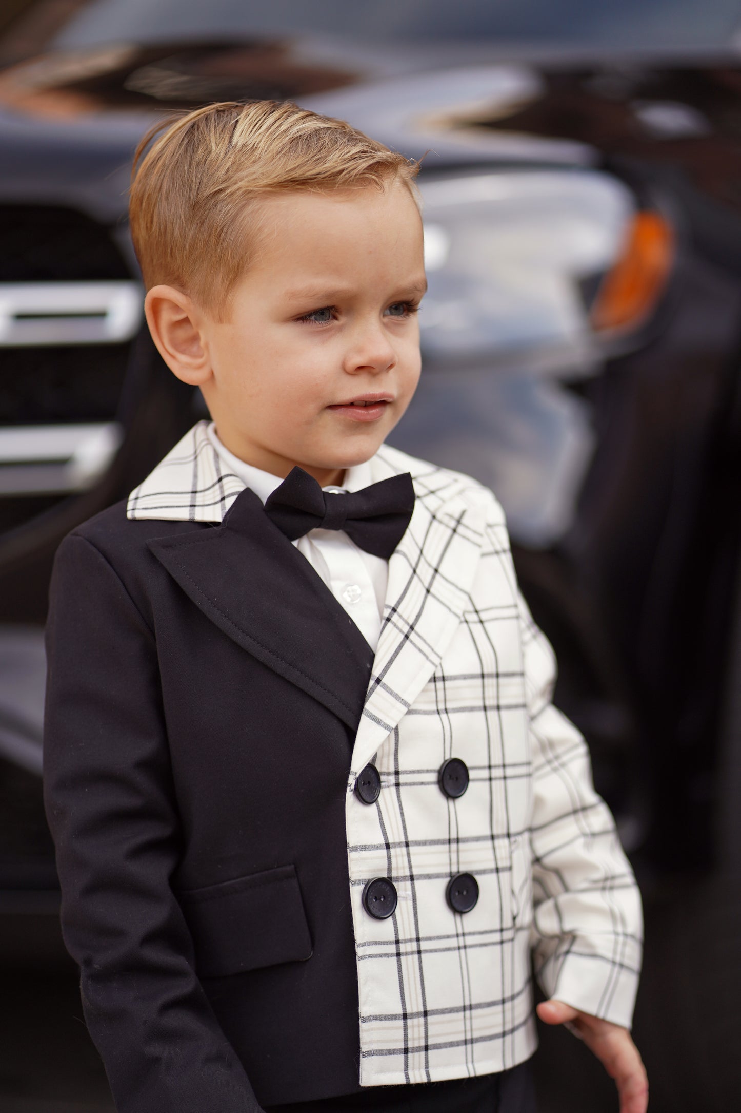 Double breasted black plaid suit